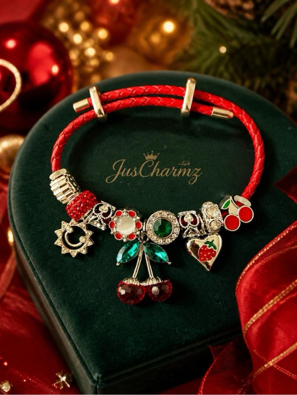Red Charm Bracelet with Cherry & Heart Charms